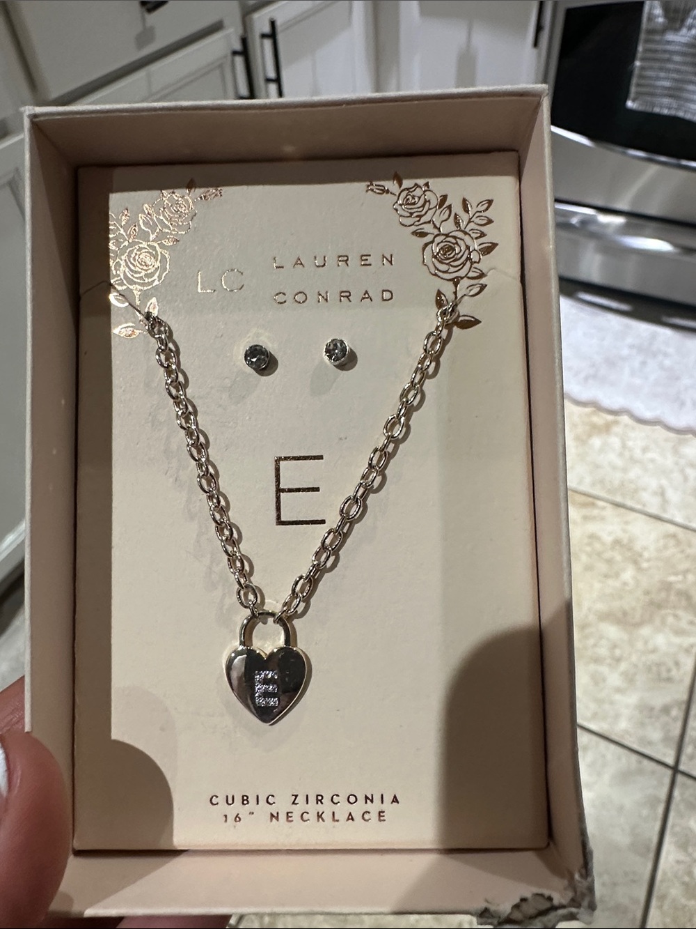 LC Lauren Conrad Silver Heart Padlock Pendant Necklace with CZ Studs letter “E”